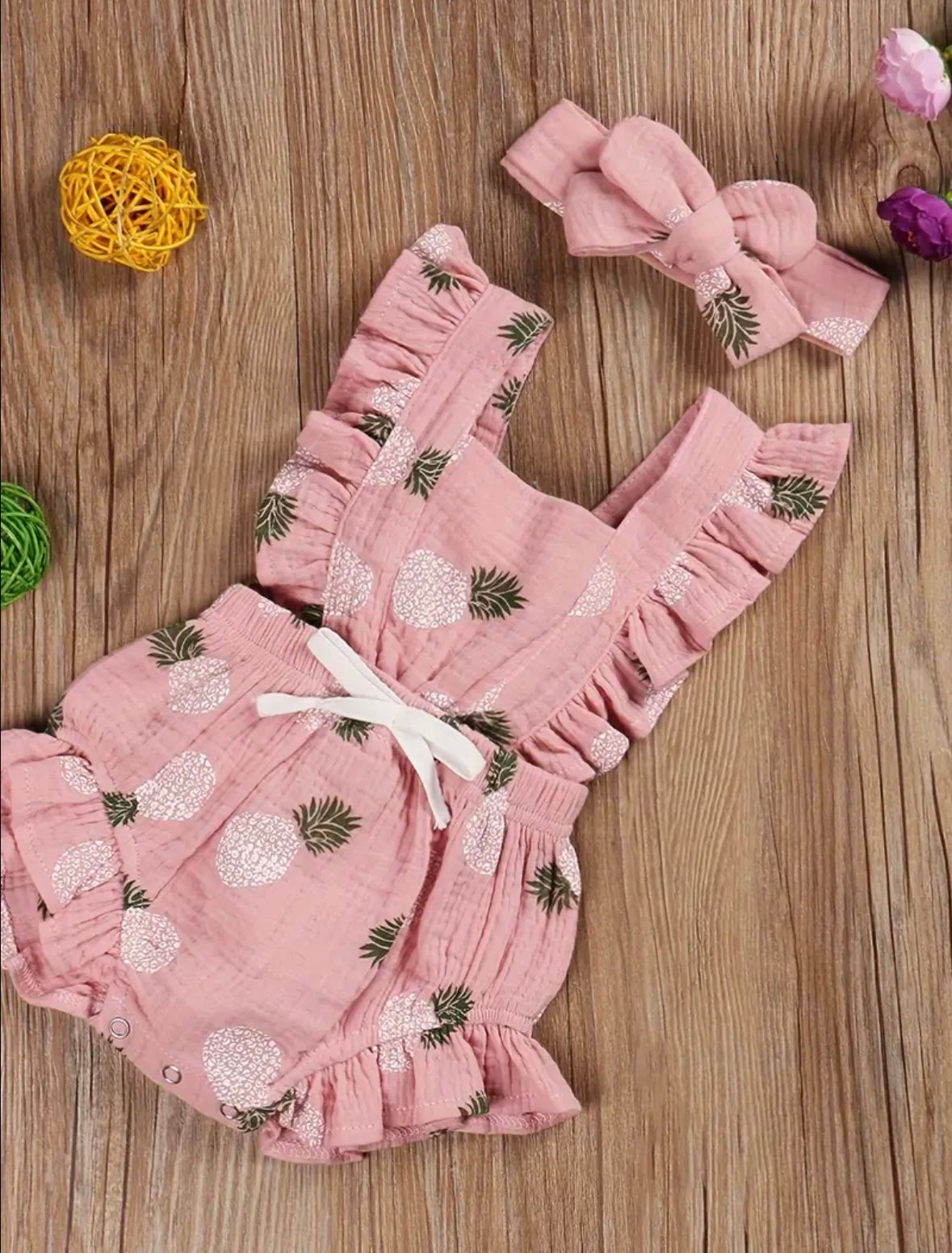 Pink Pineapple Ruffle Baby Romper with Bow Headband – Summer Sweetness