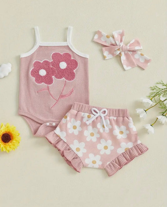 🌸 Pink Daisy Ribbed 3-Piece Baby Set – Bodysuit, Shorts & Headband