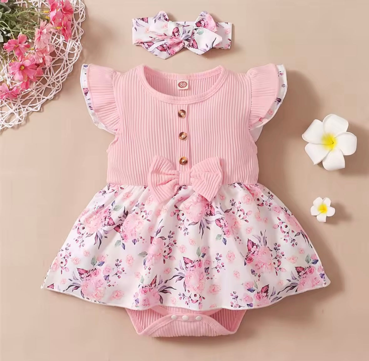 🌸 Pink Floral Ruffle Romper & Headband Set – 2 Piece