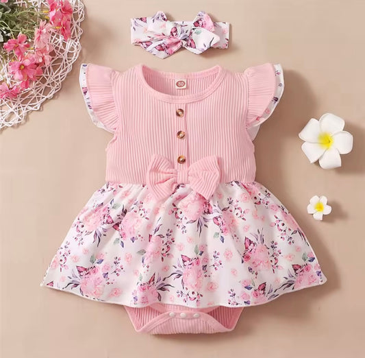 🌸 Pink Floral Ruffle Romper & Headband Set – 2 Piece