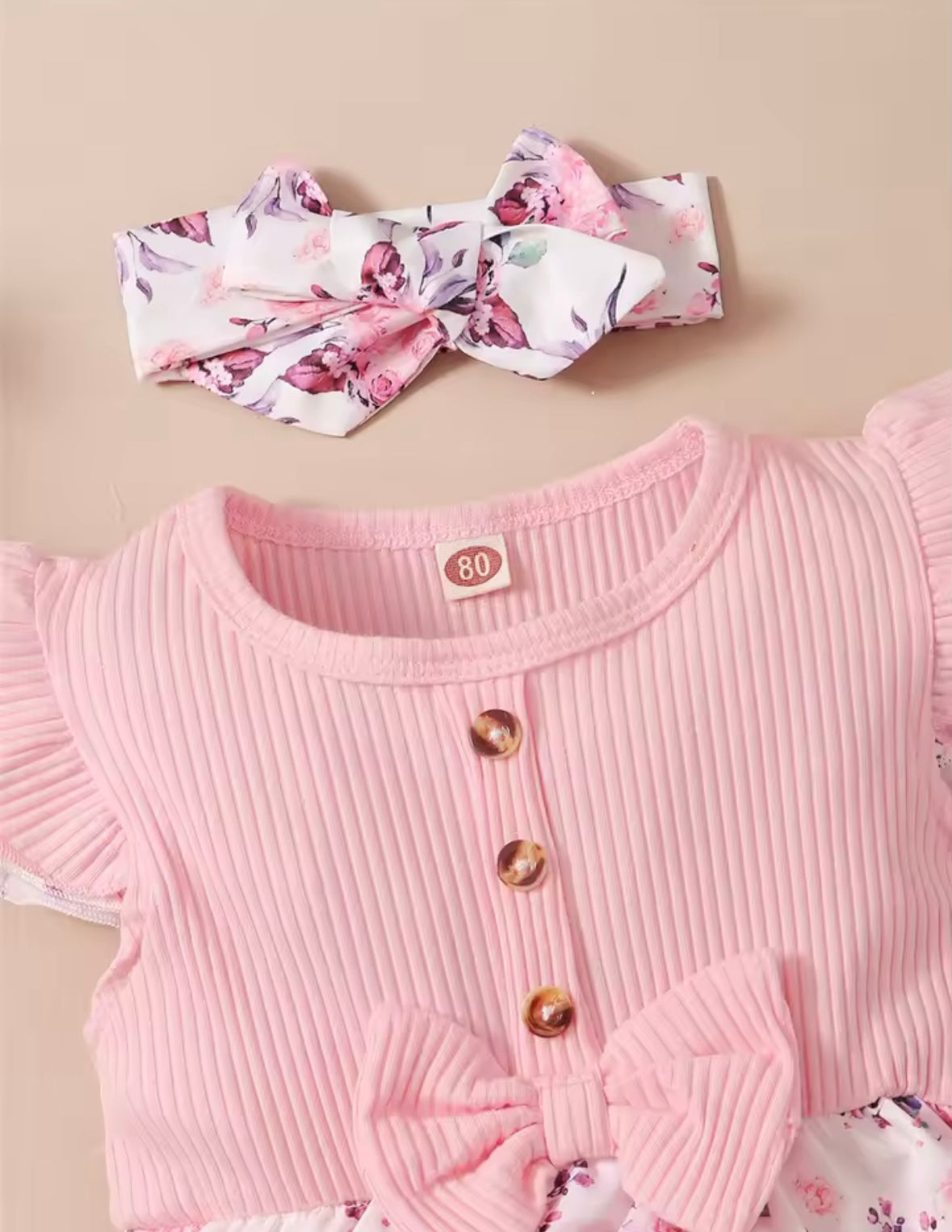 🌸 Pink Floral Ruffle Romper & Headband Set – 2 Piece