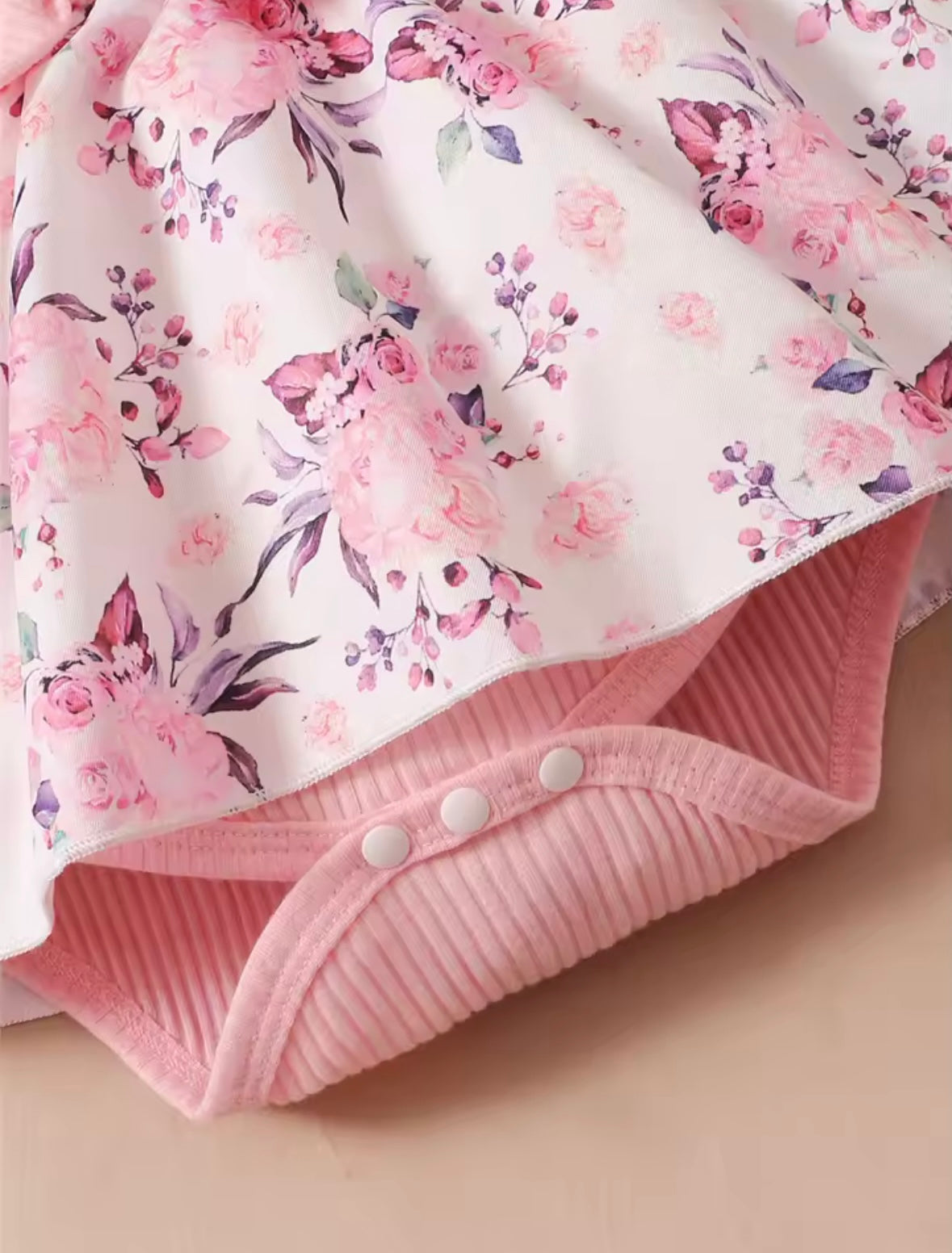 🌸 Pink Floral Ruffle Romper & Headband Set – 2 Piece