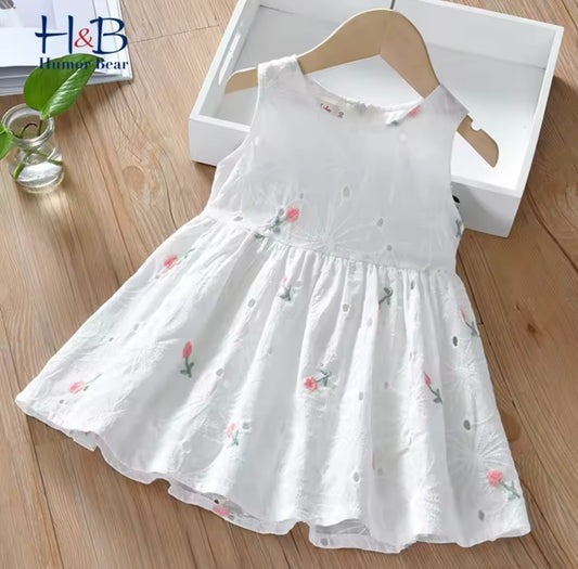 White Eyelet Floral girl Dress – Sleeveless Summer Cotton