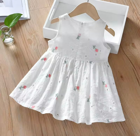 White Eyelet Floral girl Dress – Sleeveless Summer Cotton