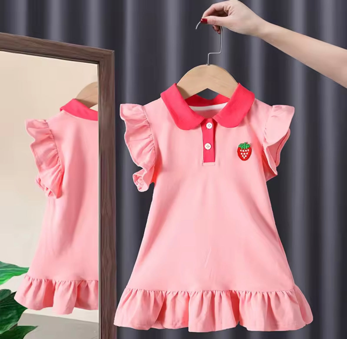 🍓 Strawberry Pink Polo Ruffle Dress – Girls Casual Summer Dress