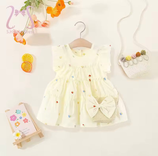 Butterfly Garden Ruffle Baby Dress – Soft Yellow with Mini Florals + Matching Bow Bag