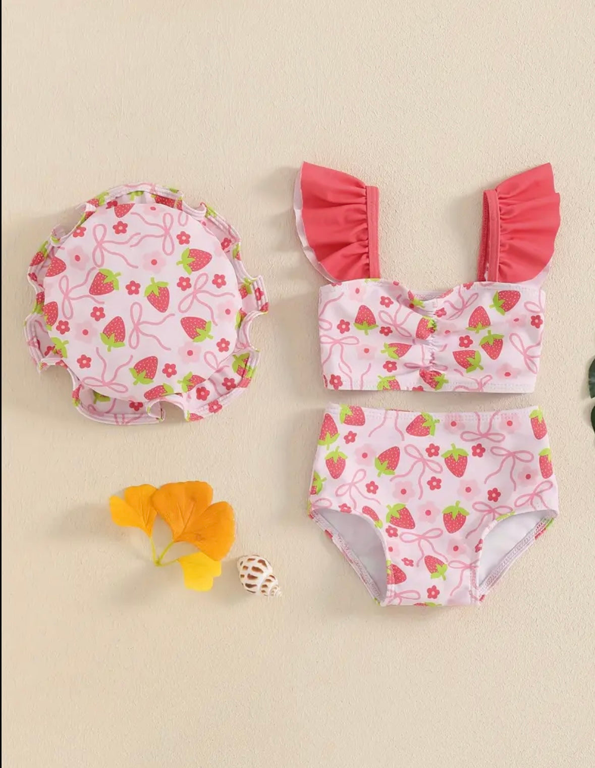 Strawberry Sweetie 3-Piece Girls’ Swimsuit Set – Pink Ruffle Bikini + Matching Cap