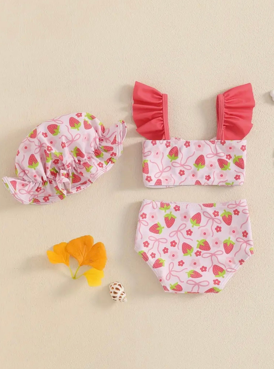 Strawberry Sweetie 3-Piece Girls’ Swimsuit Set – Pink Ruffle Bikini + Matching Cap