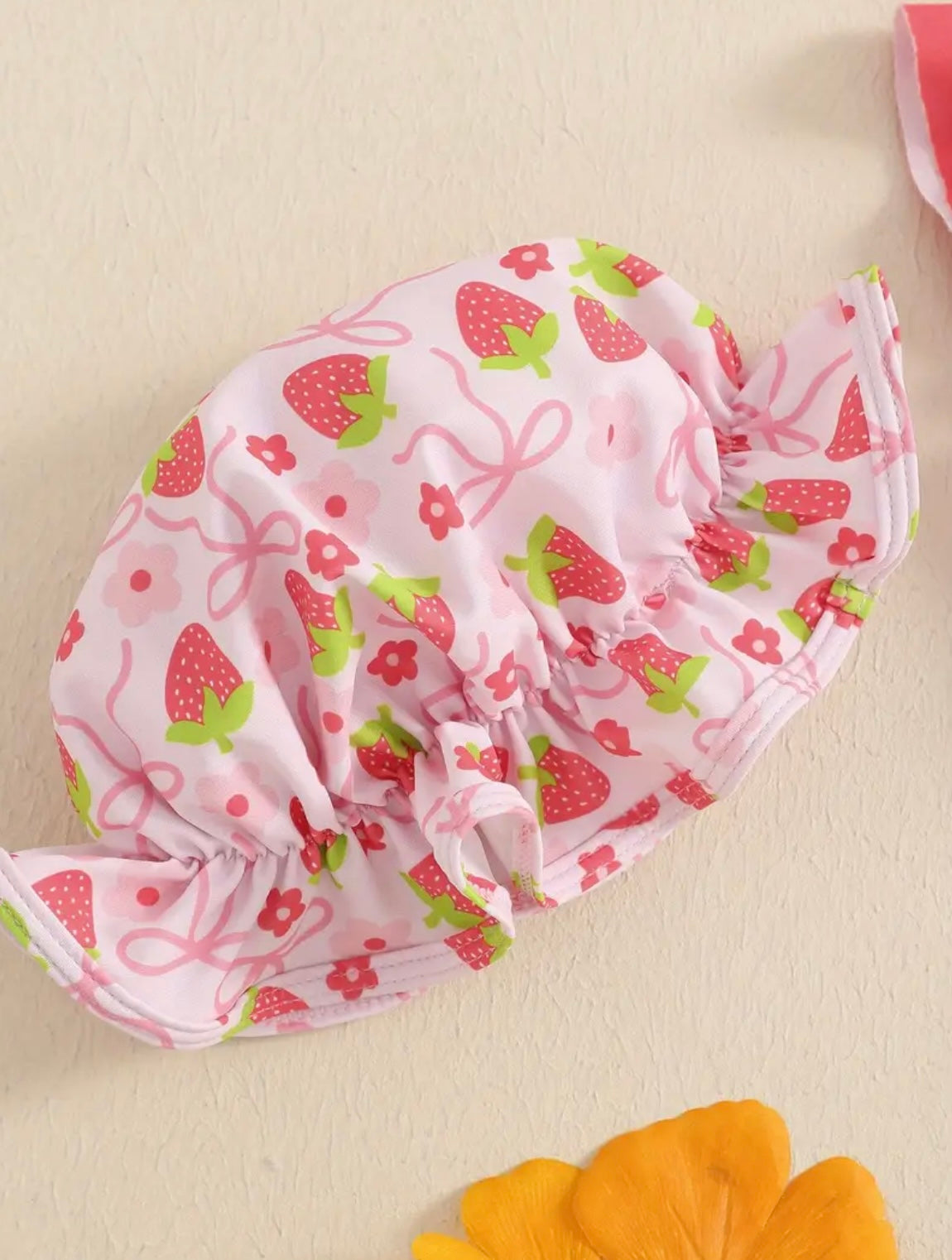 Strawberry Sweetie 3-Piece Girls’ Swimsuit Set – Pink Ruffle Bikini + Matching Cap
