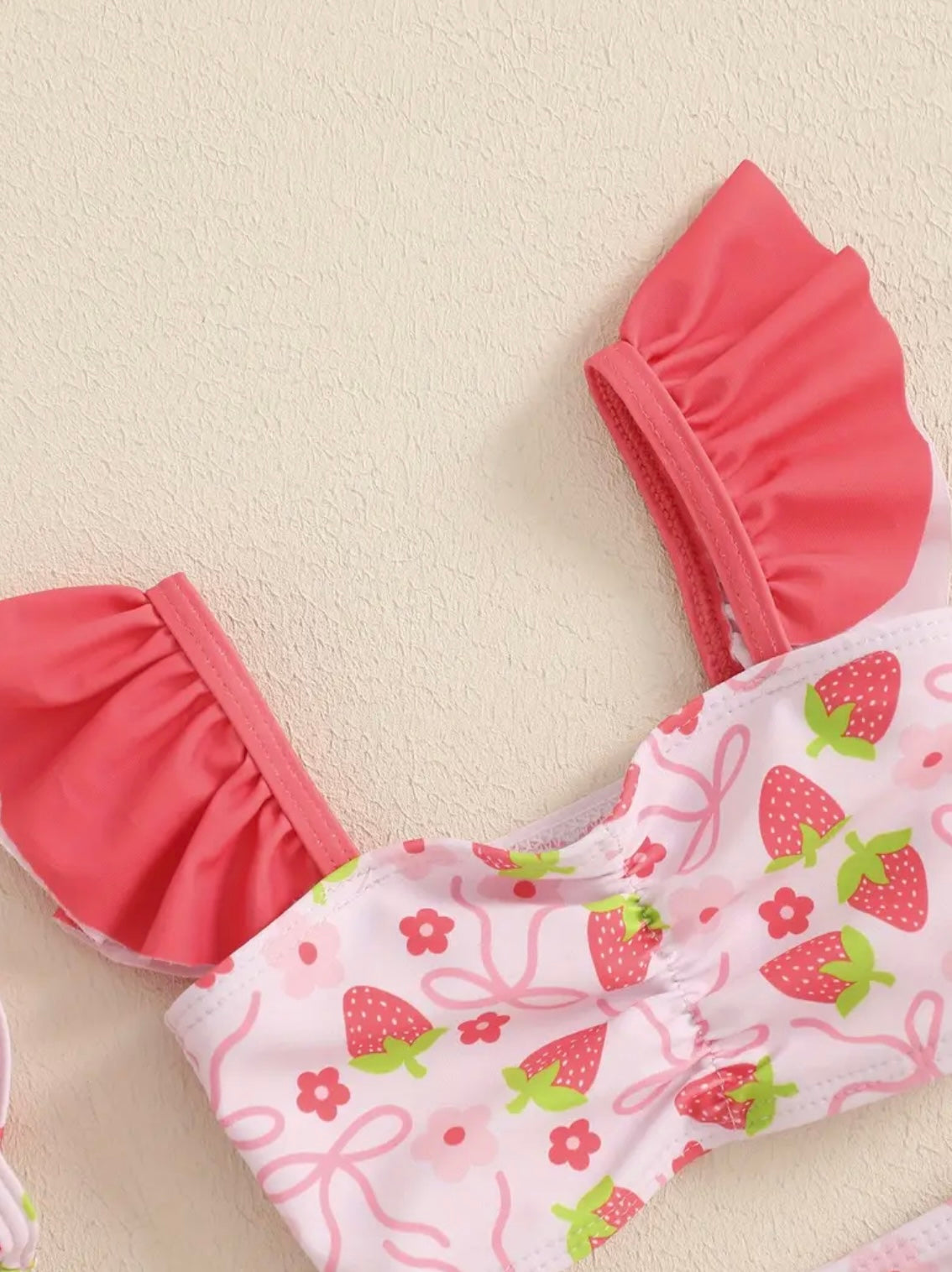 Strawberry Sweetie 3-Piece Girls’ Swimsuit Set – Pink Ruffle Bikini + Matching Cap
