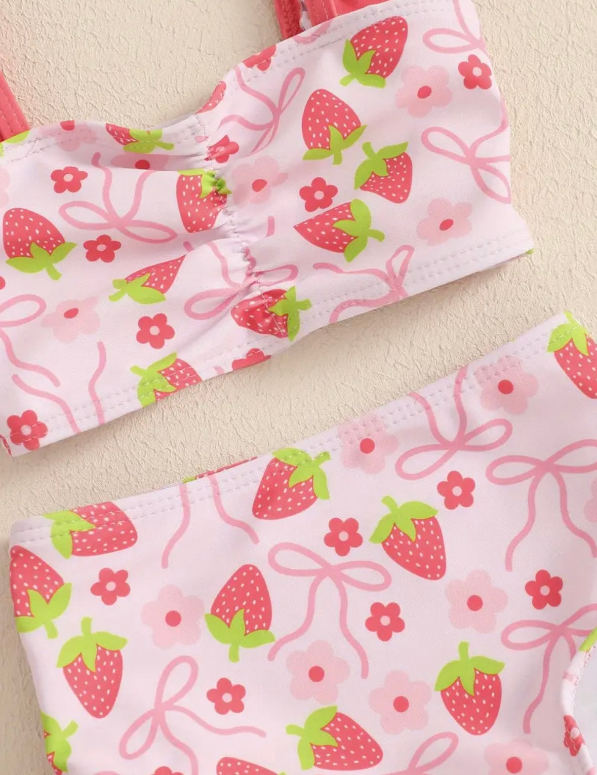 Strawberry Sweetie 3-Piece Girls’ Swimsuit Set – Pink Ruffle Bikini + Matching Cap