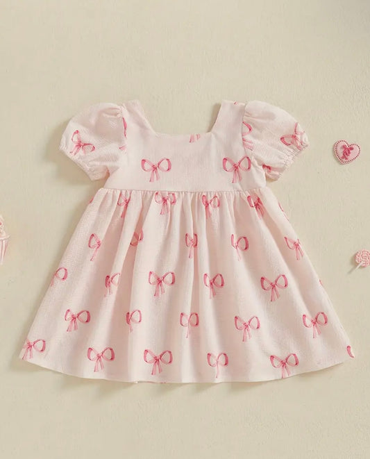 Pink Puff Sleeve Baby Dress with Allover Bow print