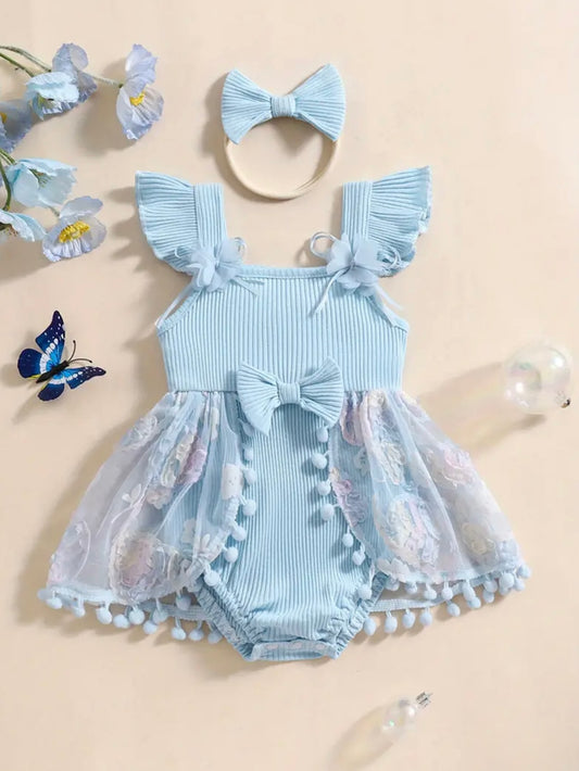 💙 Baby Girl Blue Lace Romper Set – With Headband 💙