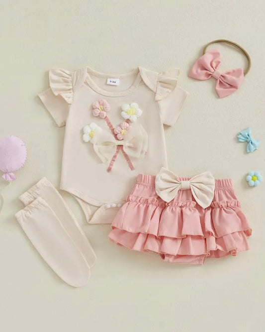 🌸 4-Piece Baby Girl Set – Floral Romper, Ruffle Shorts, Headband & Stockings 🌸