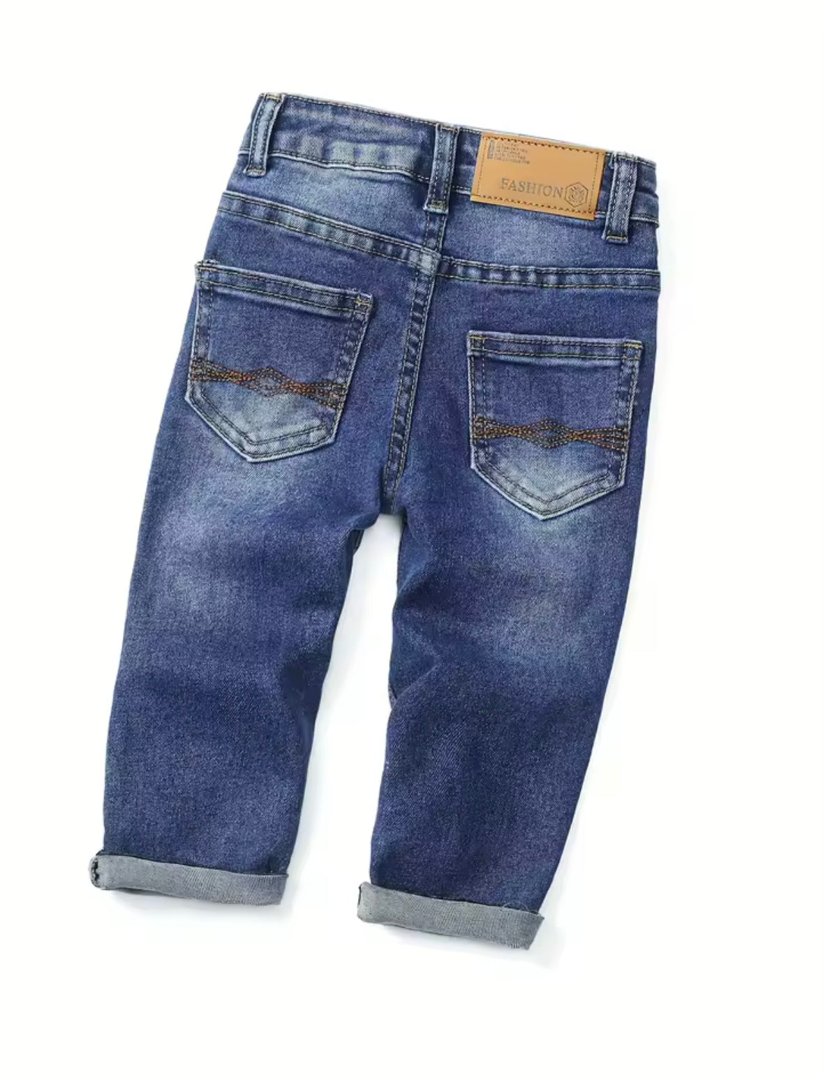 Trendy Distressed Kids’ Blue Jeans – Rolled Cuffs, Soft Denim, Unisex Style