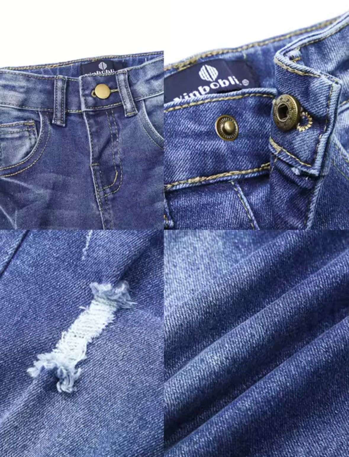 Trendy Distressed Kids’ Blue Jeans – Rolled Cuffs, Soft Denim, Unisex Style