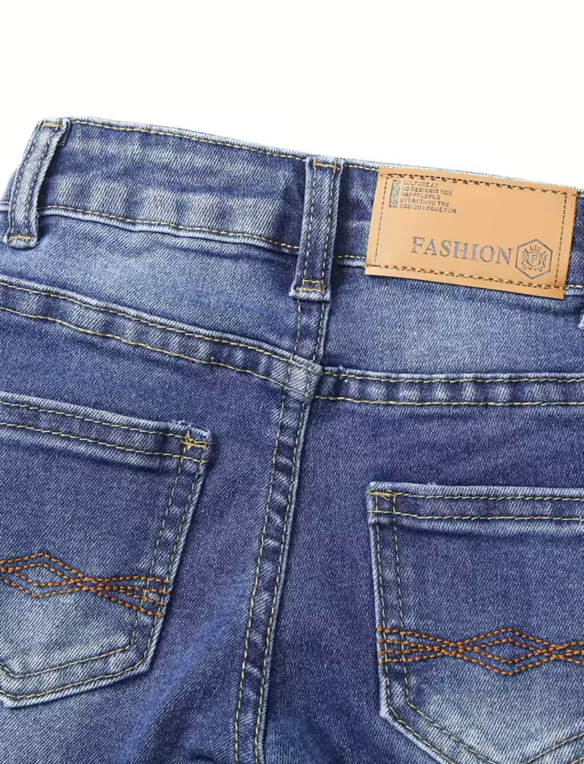 Trendy Distressed Kids’ Blue Jeans – Rolled Cuffs, Soft Denim, Unisex Style