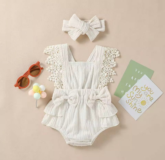 Vintage Lace Ruffle Baby Romper with Headband – “Sunshine Set”