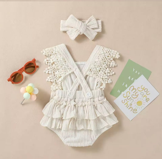 Vintage Lace Ruffle Baby Romper with Headband – “Sunshine Set”