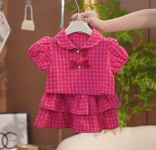 Pink Gingham Ruffle Skirt & Bow Top Set – Baby & Toddler Girl Outfit