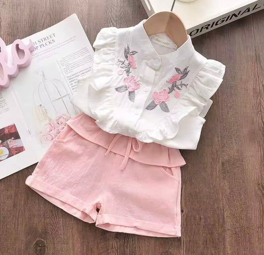 Floral Embroidered Ruffle Top & Pink Shorts – Girl Summer Set