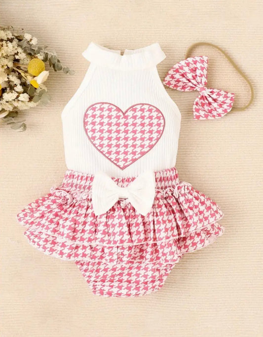 Pink Houndstooth Heart 3-Piece Baby Girl Outfit Set