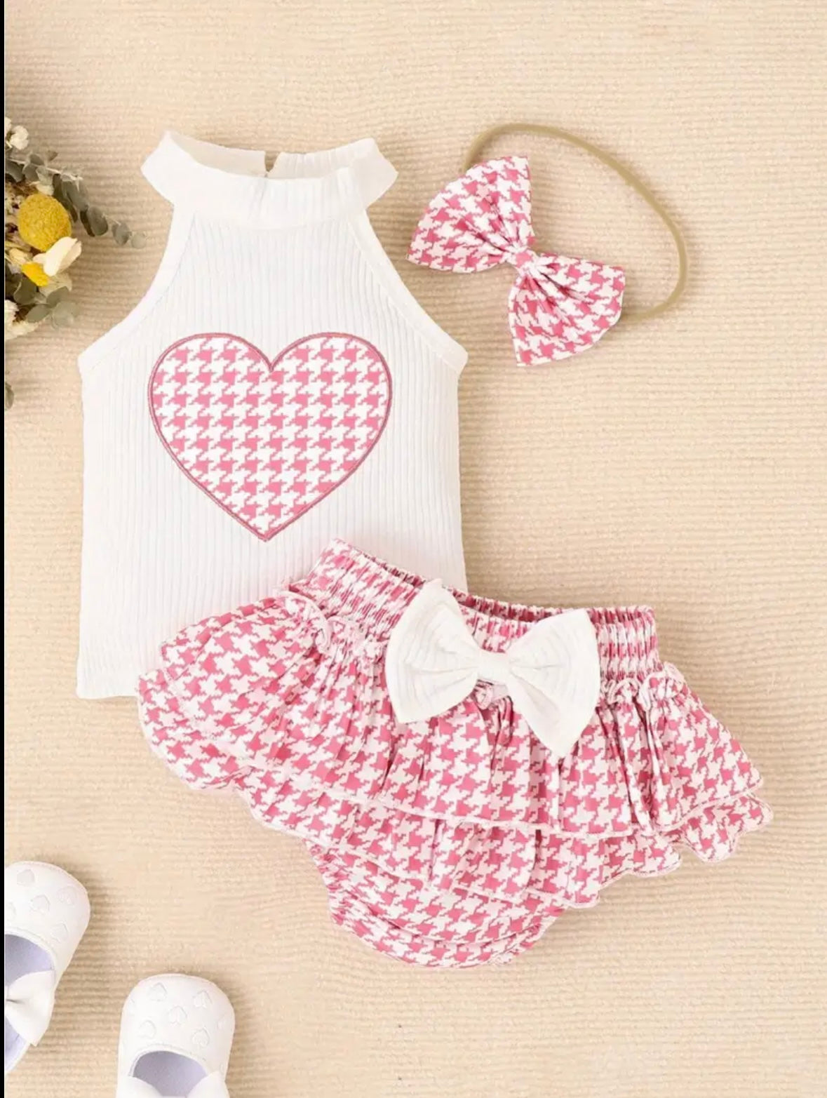 Pink Houndstooth Heart 3-Piece Baby Girl Outfit Set