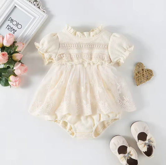 Cream Lace Baby Girl Romper Dress – Elegant Vintage Style