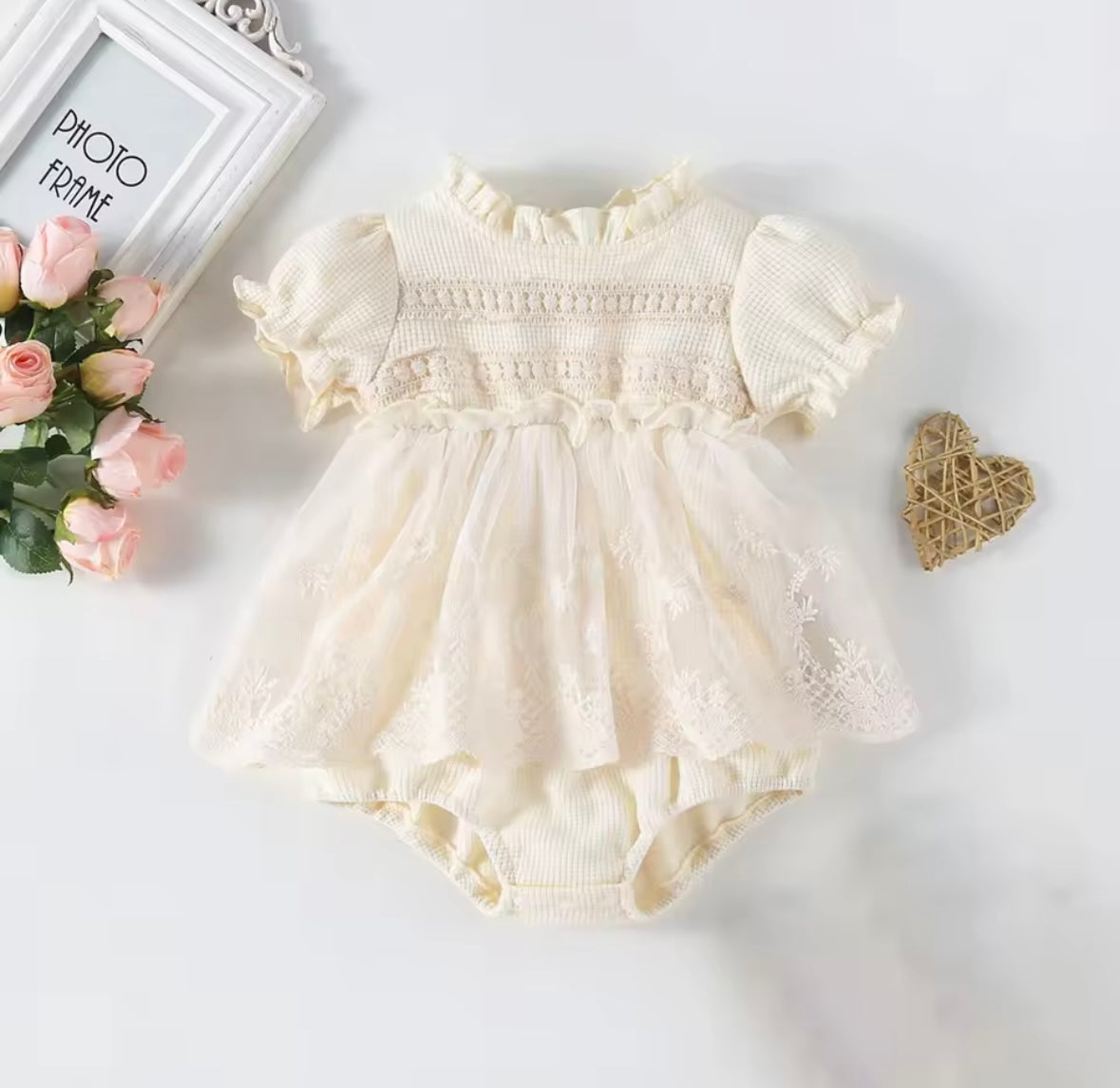 Cream Lace Baby Girl Romper Dress – Elegant Vintage Style