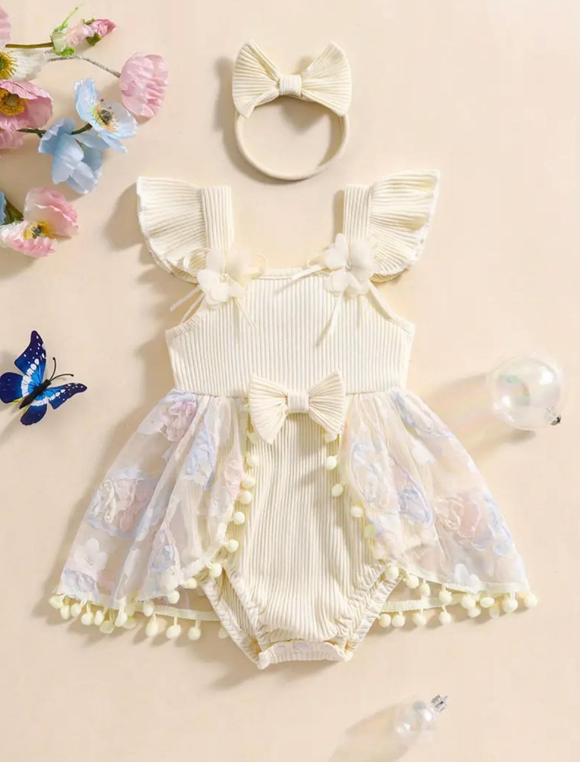 Baby Girl cream  Tulle Romper Dress Set