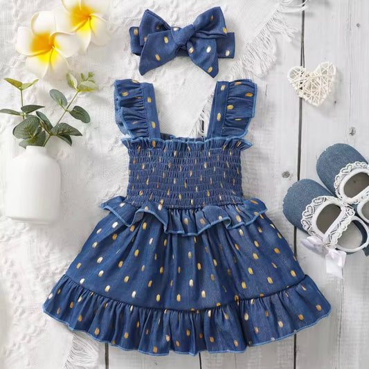 ⸻

🌼 Denim Dots Ruffle Baby Dress Set