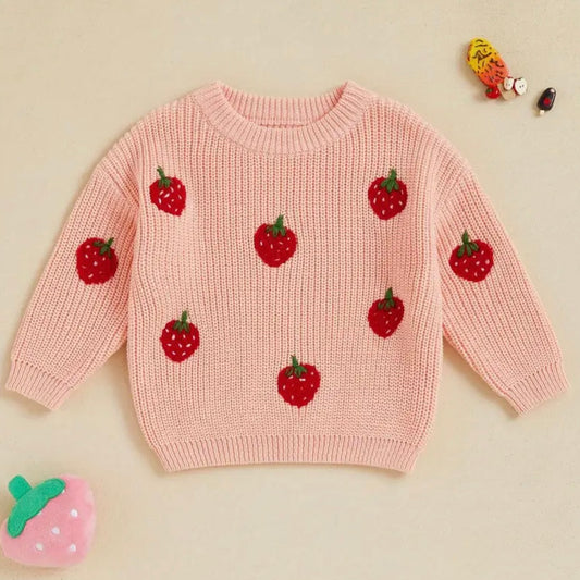 🍓 Pink Strawberry Patch Knit Sweater – Baby & Toddler