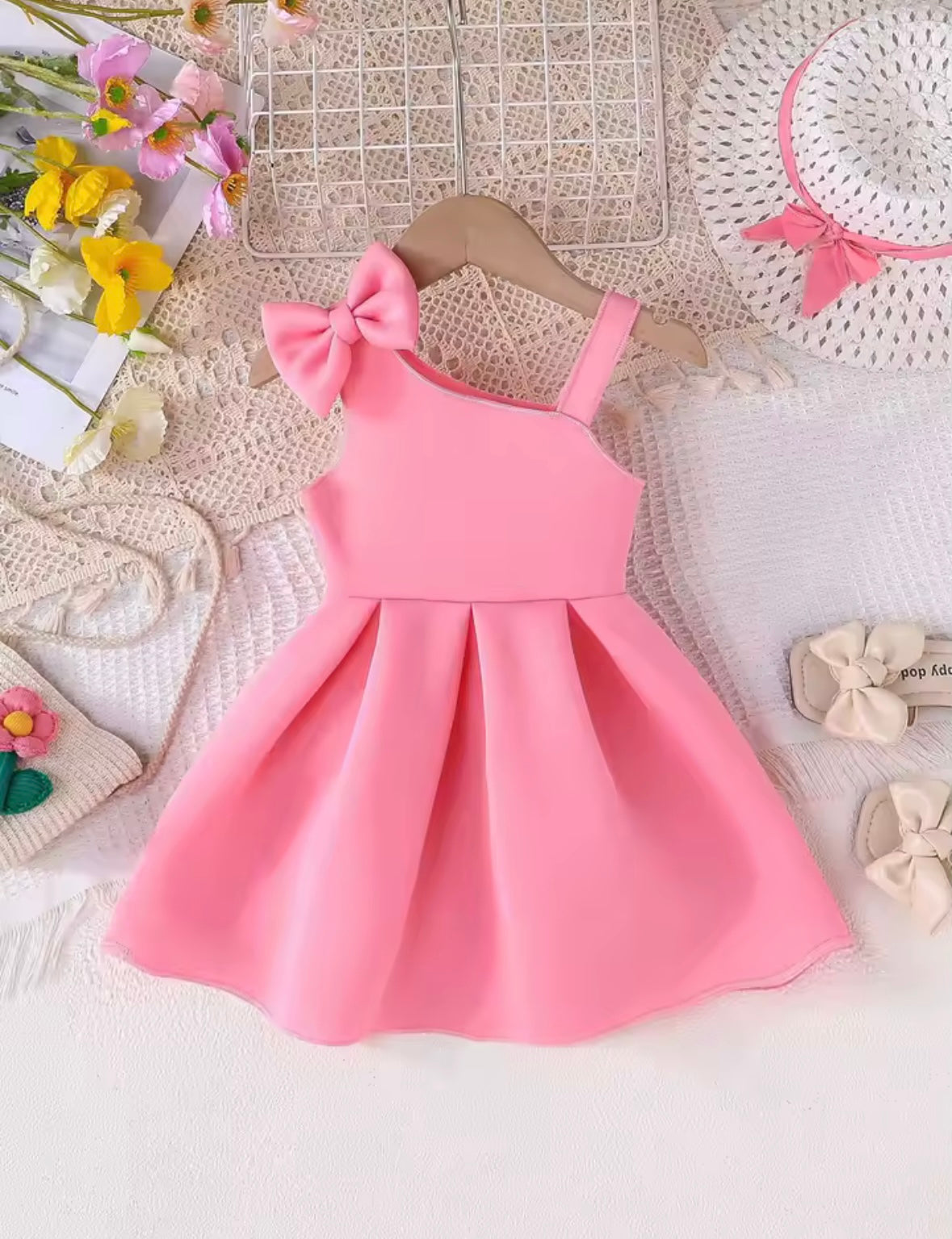 Pink One-Shoulder Bow Dress for Girls