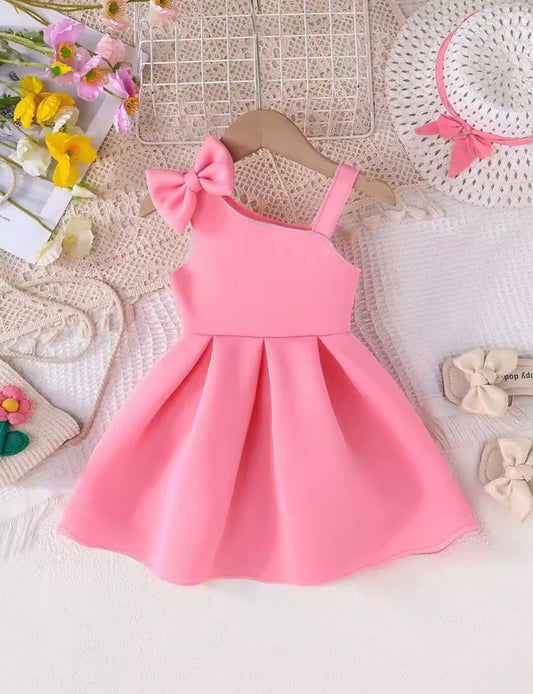 Pink One-Shoulder Bow Dress for Girls