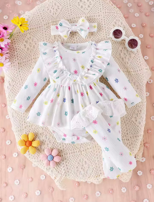 Pastel Daisy Baby Girl 3-Piece Outfit – Romper Dress, Frilly Socks & Bow Headband Set