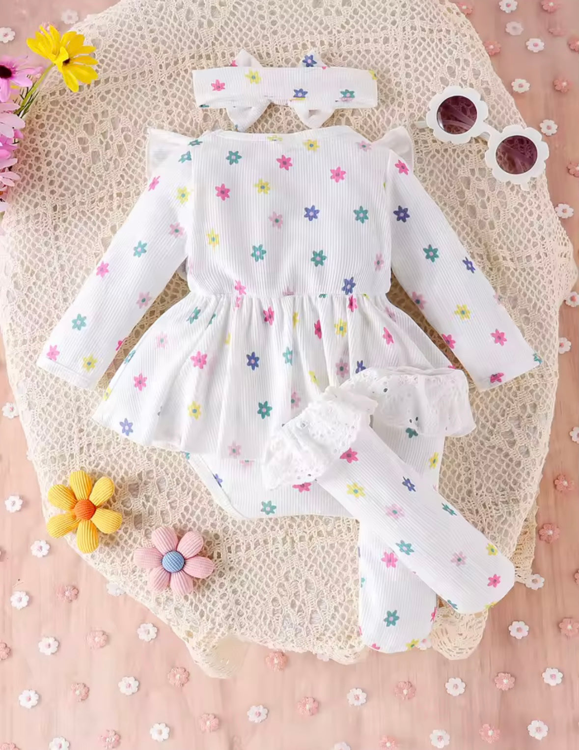 Pastel Daisy Baby Girl 3-Piece Outfit – Romper Dress, Frilly Socks & Bow Headband Set