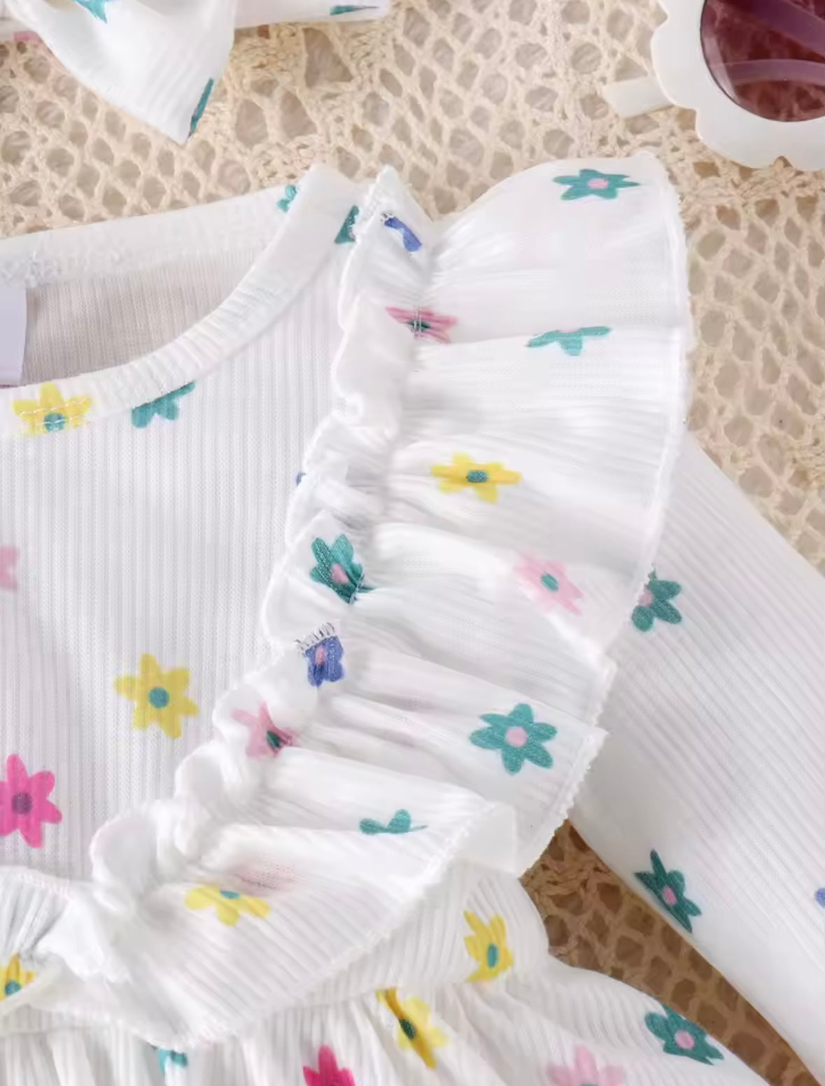 Pastel Daisy Baby Girl 3-Piece Outfit – Romper Dress, Frilly Socks & Bow Headband Set