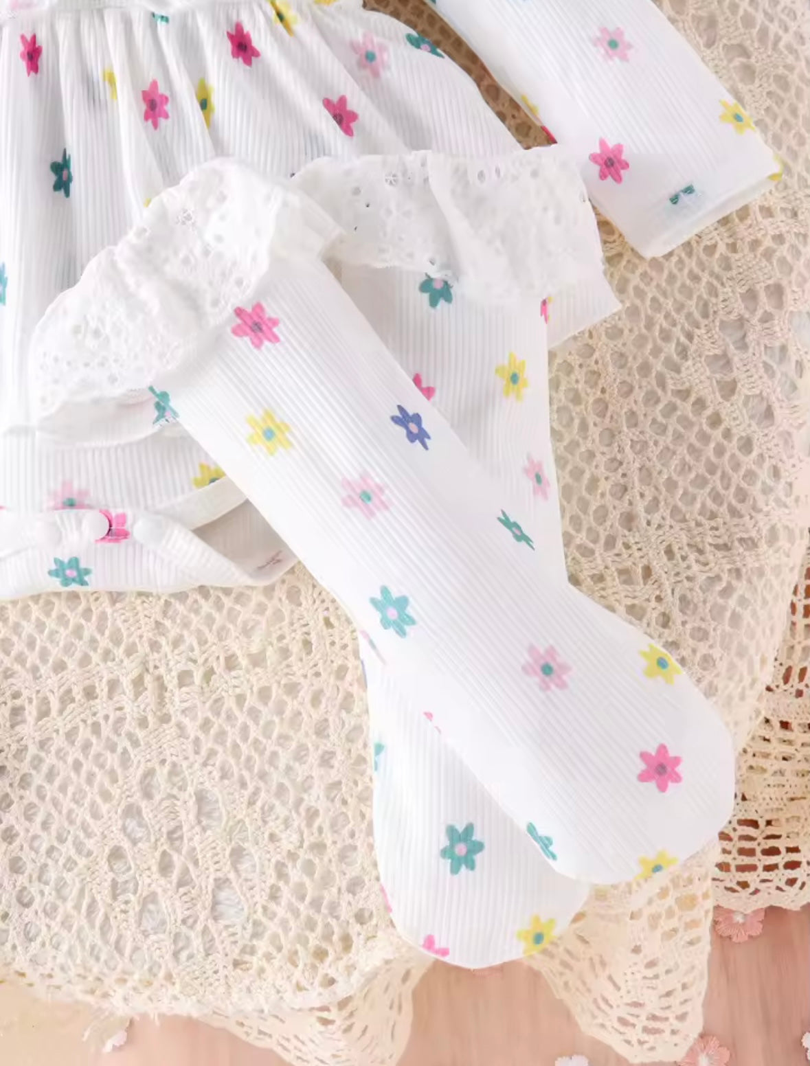 Pastel Daisy Baby Girl 3-Piece Outfit – Romper Dress, Frilly Socks & Bow Headband Set