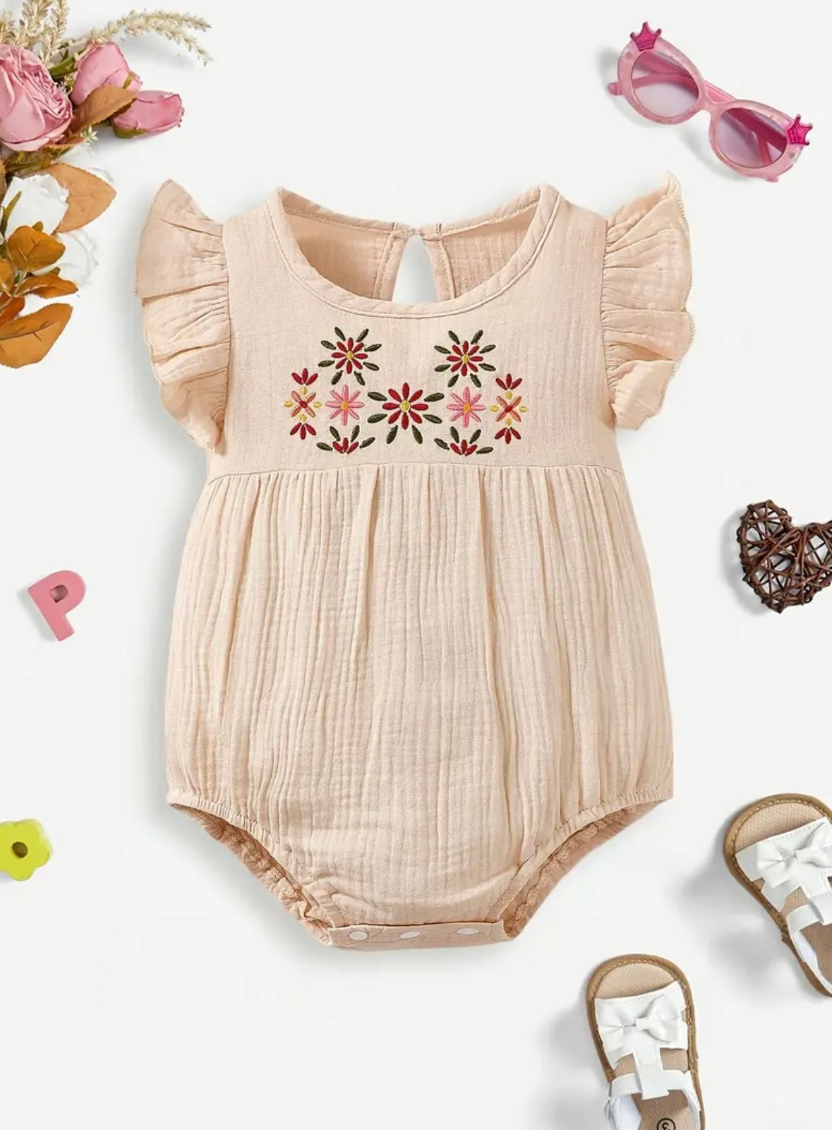 🌸 Flutter Sleeve Embroidered Romper – Blush beige