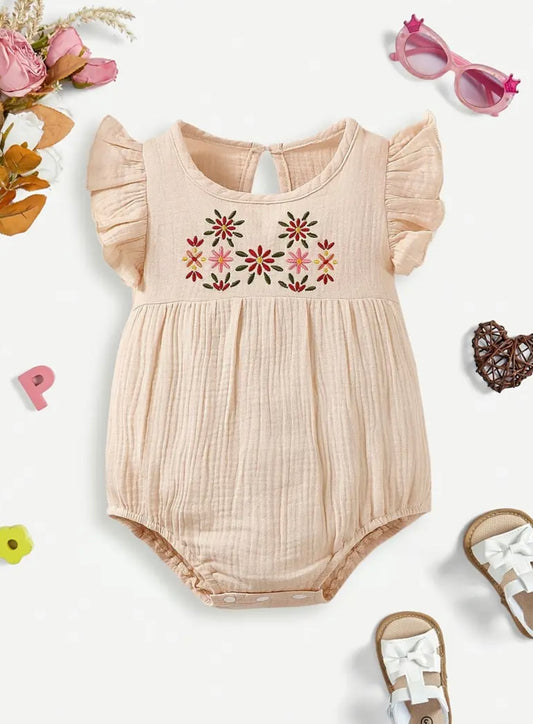 🌸 Flutter Sleeve Embroidered Romper – Blush beige
