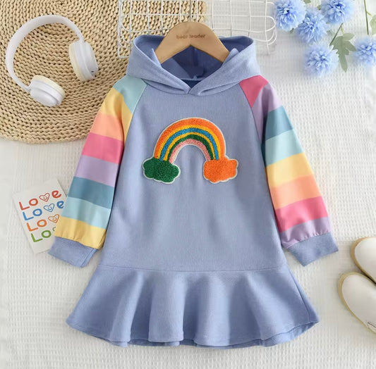 Pastel Rainbow Hoodie Dress – Soft Blue with Flare Hem 🌈✨