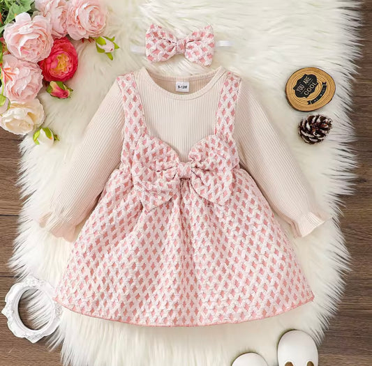 Pink Tweed Bow Suspender Dress Set – 9-12M