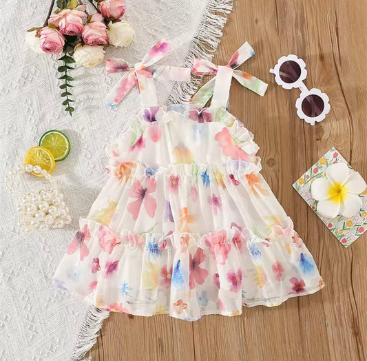 Floral Ruffle Baby Girl Dress – Summer Bow Strap Sundress