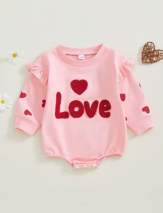 💕 “Love” Heart Baby Romper – Pink Fleece Bodysuit with Ruffles & Snaps