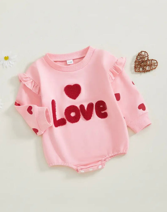 💕 “Love” Heart Baby Romper – Pink Fleece Bodysuit with Ruffles & Snaps