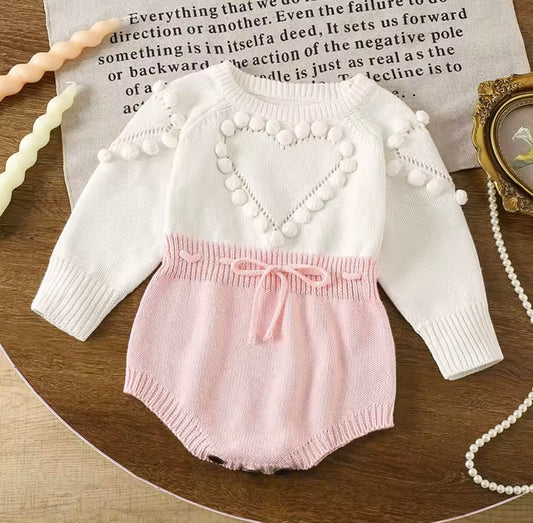 Knitted Baby Romper with Heart Detail – Long Sleeve Pink & White Bodysuit. Size 0-3M and 3-6M available