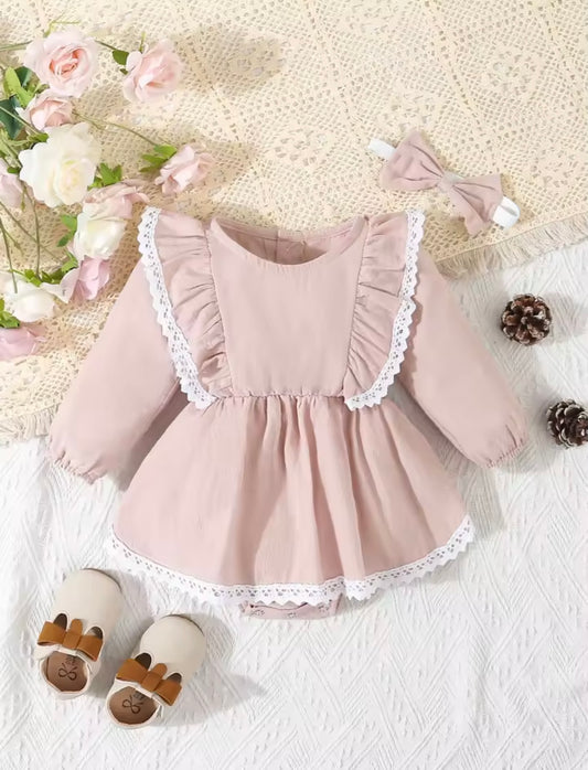 Dusty Pink Ruffle Baby Romper Set – Lace Trim Long Sleeve with Matching Bow Headband
