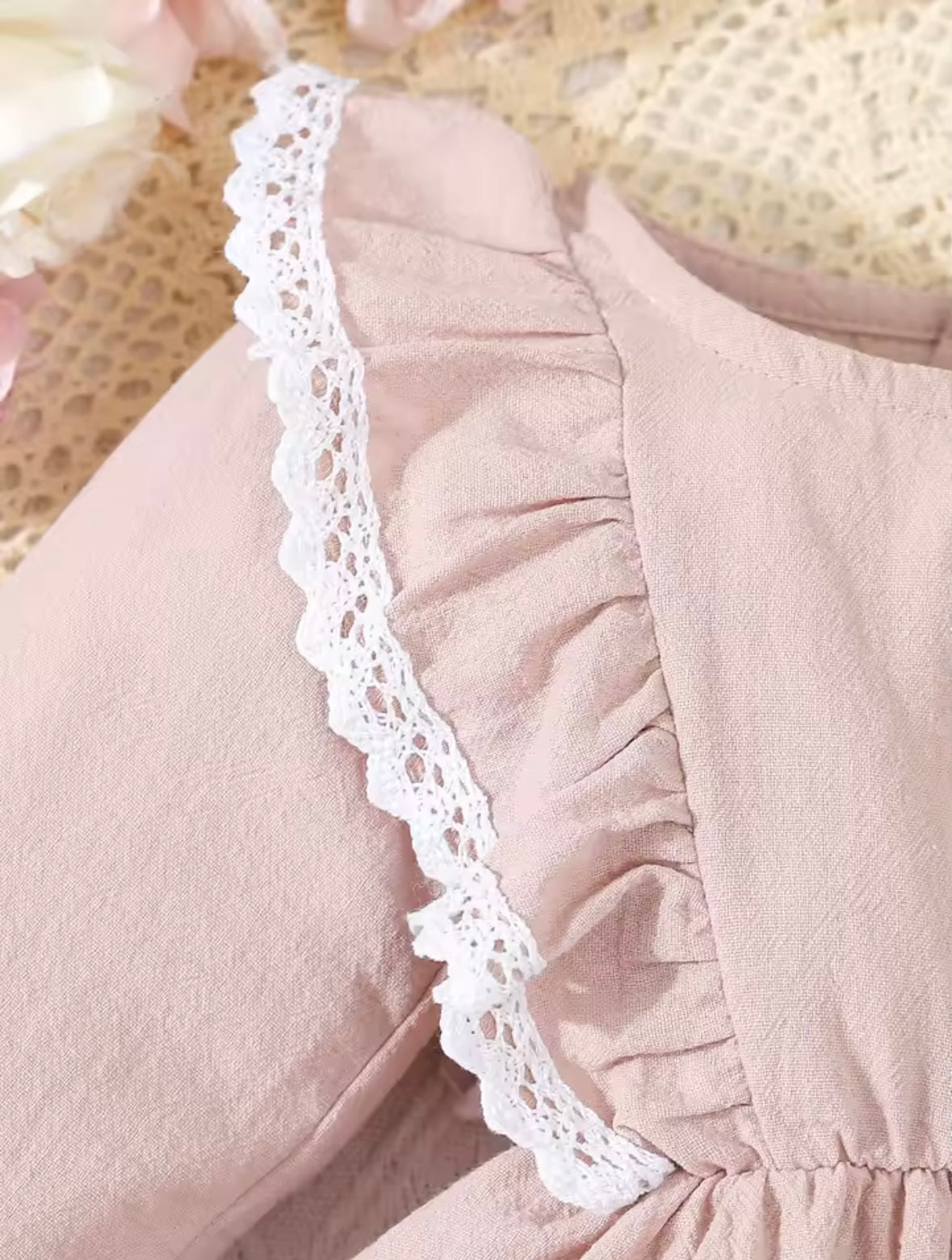 Dusty Pink Ruffle Baby Romper Set – Lace Trim Long Sleeve with Matching Bow Headband