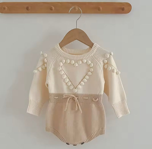 Knitted Heart Pom-Pom Baby Romper – Cream & Beige