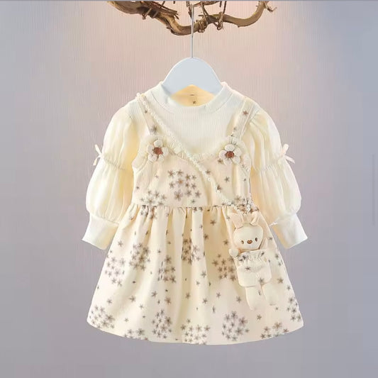 Daisy Lace Baby Girl Dress Set with Pearl Bunny Purse – Cream Floral Layered Outfit